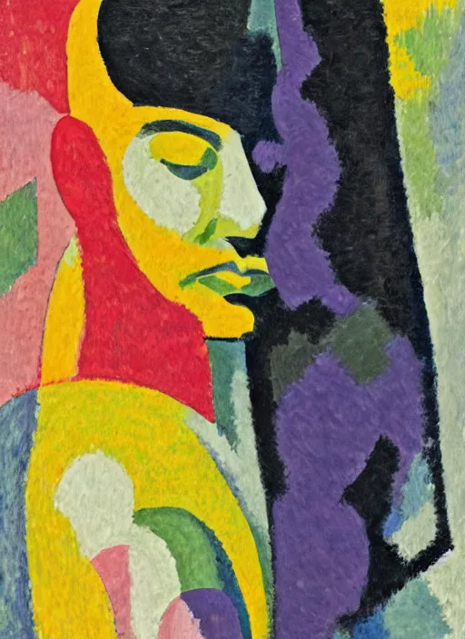 Prompt: an extreme close-up abstract portrait of a man enshrouded in an impressionist representation of Mother Nature and the meaning of life by Sonia Delaunay and Igor Scherbakov, abstract colorful lake garden at night, thick visible brush strokes, figure painting by Anthony Cudahy and Rae Klein, vintage postcard illustration, minimalist cover art by Mitchell Hooks