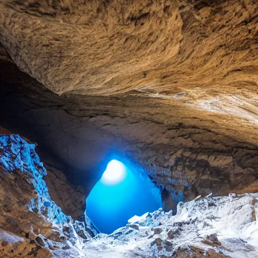 Image similar to deep dark glacier cave, faint blue glow,