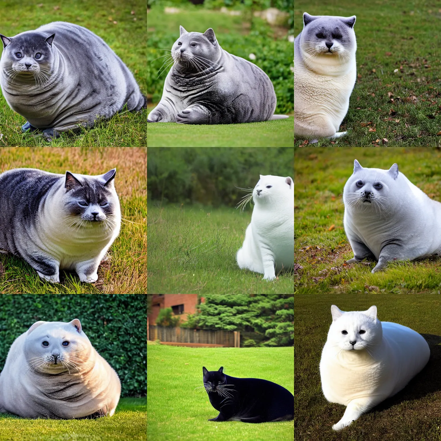 Prompt: Extreme Mega Chonker Cat that looks like a ((((((((((((fat seal)))))))))))) sitting in the grass, oh lawd he coming, professional photo, full body view, XF IQ4, 150MP, 50mm, F1.4, ISO 200, 1/160s, natural light