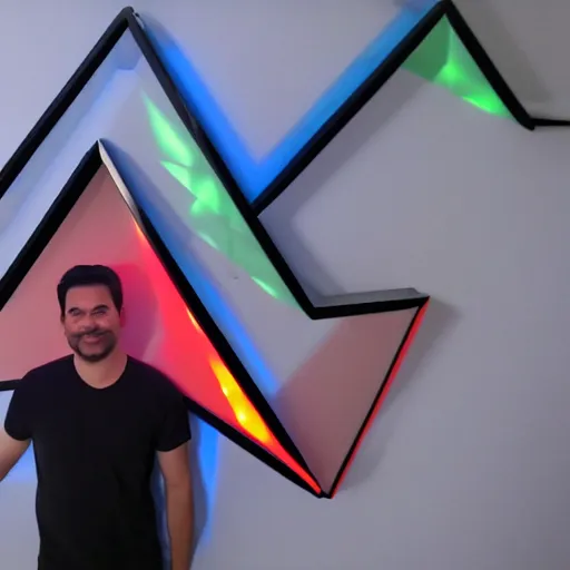 Image similar to a daytrader named jay standing proudly in front of triangular nanoleaf led lights on his wall