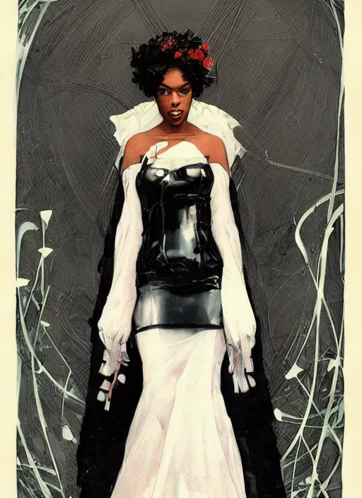 Image similar to a copic maker art nouveau dystopian portrait of a black beautiful girl detailed features wearing a latex wedding dress with a puffy skirt designed by balenciaga by john berkey, norman rockwell akihiko yoshida