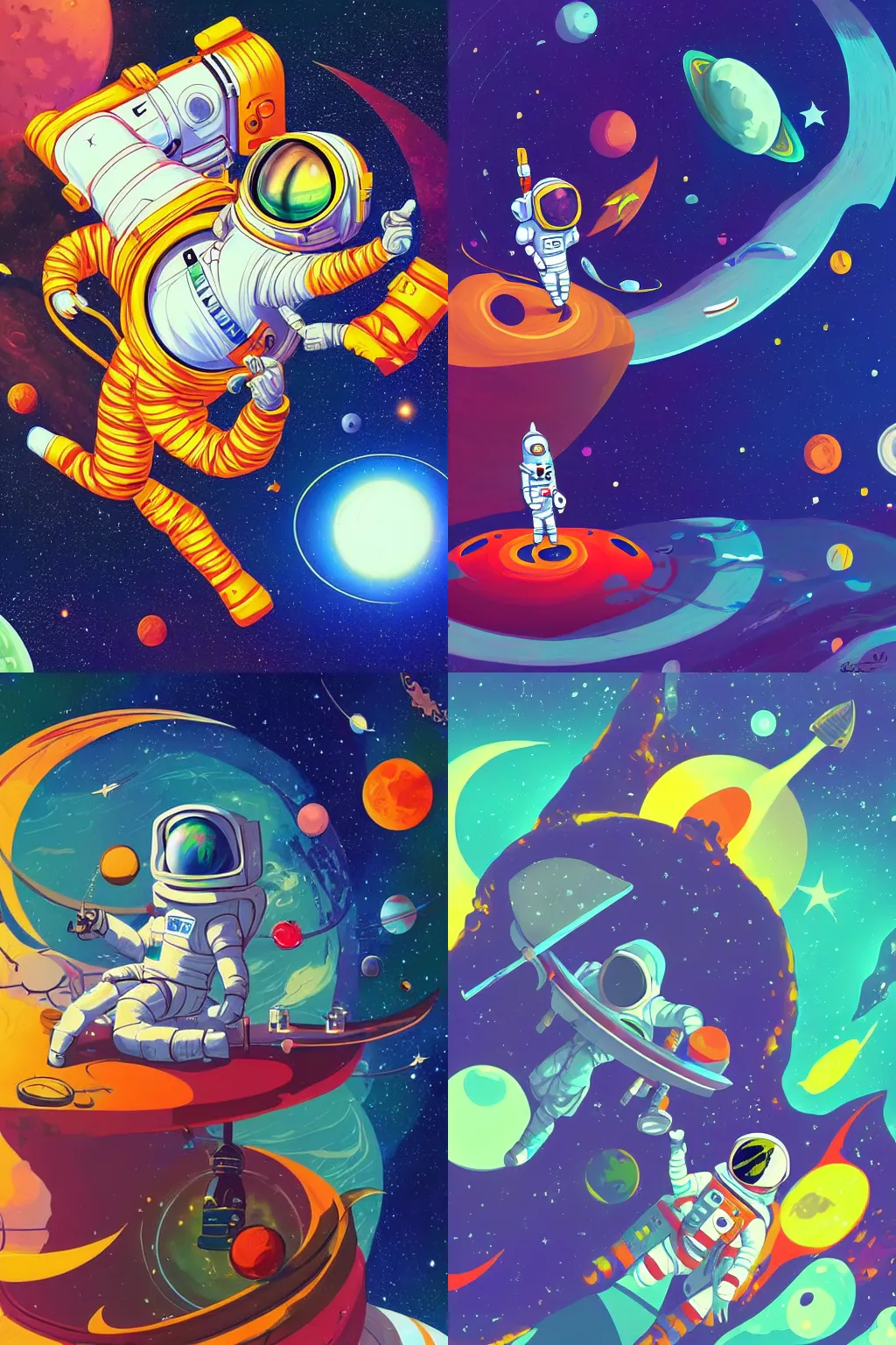 Prompt: an Astronaut lie relaxed on a crescent moon between the stars and the planets in outer space, psychedelic style, 4k, illustration, trending on artstation by David Nakayama and tyler edlin