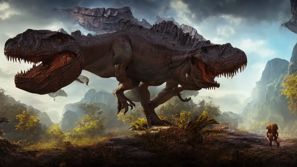 Image similar to t-rex, fantasy artwork, very very very beautiful scenery, hd, hdr, ue5, ue6, unreal engine 5, cinematic 4k wallpaper, 8k, ultra detailed, high resolution, artstation, award winning