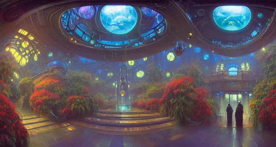 Image similar to fish eye lens a bright minimalist bioluminescent oil painting by donato giancola, warm coloured, cinematic scifi luxurious futuristic foggy steam filled victorian garden mall interior with microscopy radial windows flowers growing out of pretty bulbous ceramic fountains, gigantic pillars and flowers, maschinen krieger, beeple, star trek, star wars, ilm, atmospheric perspective