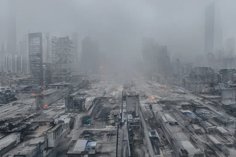 Prompt: a ( concrete floor ) and a bustling smokey city!!!!!, disaster aftermath, 4 k, 8 k, photorealistic landscape, landscape imagery, 4 k luminous lighting, volumetric lighting,