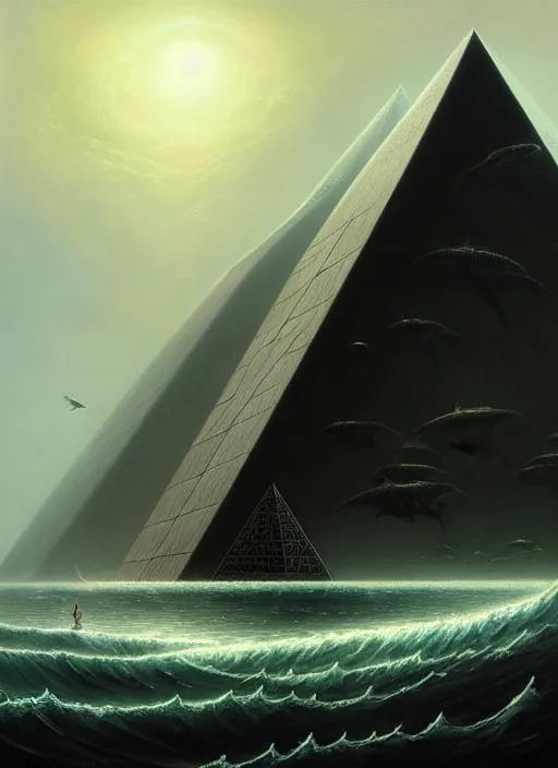 Image similar to a black pyramid emerging from ocean, a scenic dystopian environment, lovecraftian, intricate, elegant, highly detailed, centered, digital painting, artstation, concept art, smooth, sharp focus, illustration, artgerm, tomasz alen kopera, peter mohrbacher, donato giancola, joseph christian leyendecker, wlop, boris vallejo