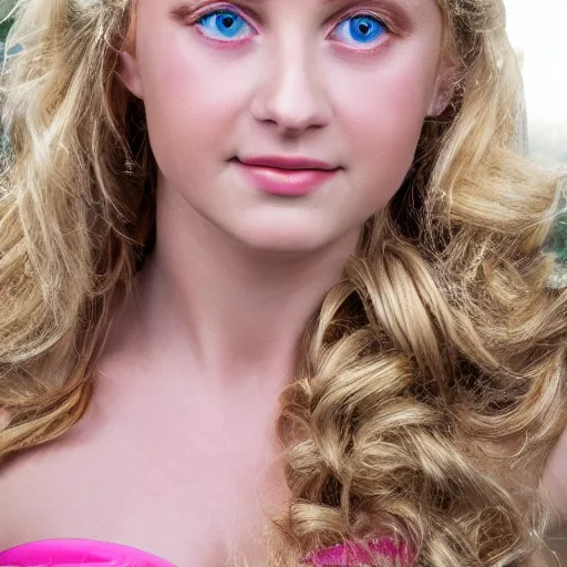 Prompt: close up headshot of a princess with long blonde hair and blue eyes wearing a strapless elaborately beaded pink dress, high resolution film still, 8k, HDR color, film by Simon Langton and David Frankel, gazing eyes