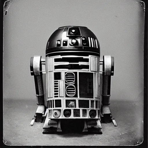 Image similar to Tintype photograph of R2D2 displayed in an ethnographic museum, archive material, anthropology, 1920s studio lighting.