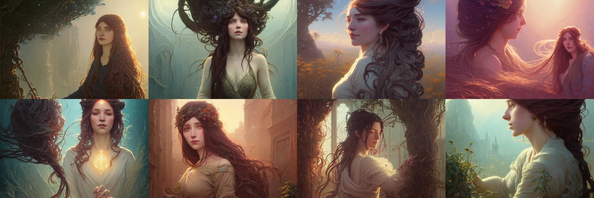 Image similar to highly detailed portrait of a woman with long hairs, stephen bliss, unreal engine, fantasy art by greg rutkowski, art nouveau, loish, rhads, ferdinand knab, makoto shinkai and lois van baarle, ilya kuvshinov, rossdraws, tom bagshaw, alphonse mucha, global illumination, radiant light, detailed and intricate environment