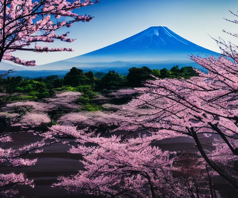 Image similar to a photo of mount fuji, japanese ladscapes, rice paddies, sakura trees, seen from a window of a train. cinematic lighting.