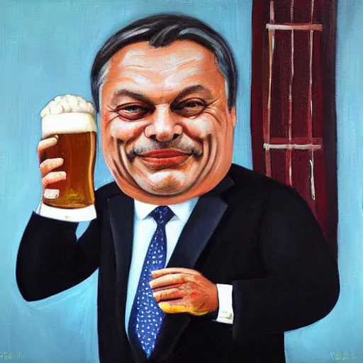 Prompt: viktor orban with a beer, anatomically correct, oil painting, highly detailed