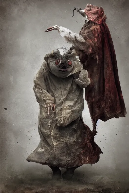 Image similar to a obese gray sniveling rat person wearing a decaying brown cloak, color painting by michal karcz