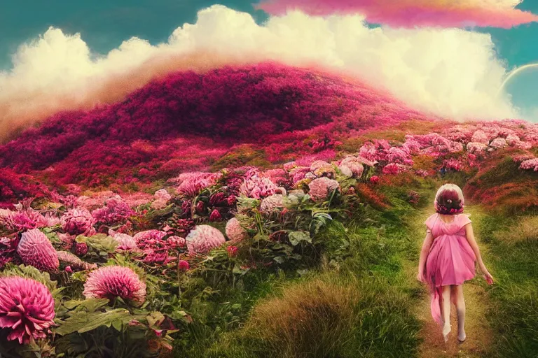 Image similar to giant dahlia flower crown head, young girl walking on mountain, surreal photography, pink storm clouds, dramatic light, impressionist painting, digital painting, artstation, simon stalenhag