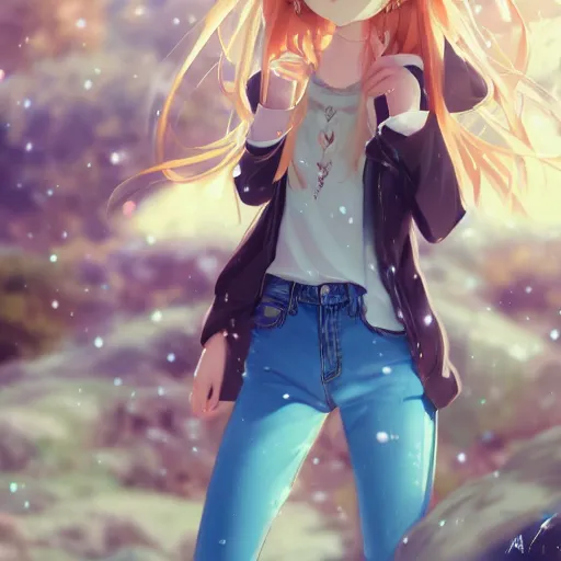 Prompt: a very beautiful anime girl, full body, long golden hair, sky blue eyes, full round face, short smile, mini jeans skirt, cute top, winter setting, cinematic lighting, medium shot, mid-shot, highly detailed, trending on Artstation, Unreal Engine 4k, cinematic wallpaper by Stanley Artgerm Lau, WLOP, Rossdraws, James Jean, Andrei Riabovitchev, Marc Simonetti, and Sakimichan