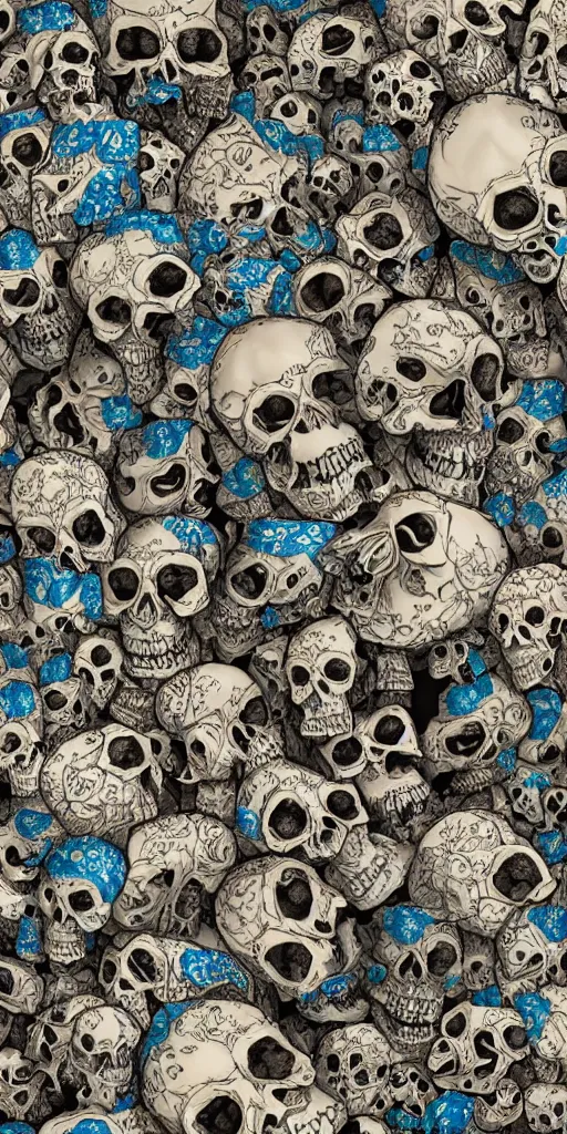 Image similar to infinite fractal complexity, skulls, smurf, sycamore, porcelain, 8k, intricate insane detail, 8k, style of Salvador dali