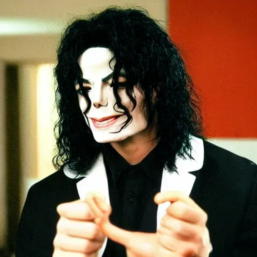 Prompt: Michael Jackson is playing Tommy Wiseau's character in the film The Room