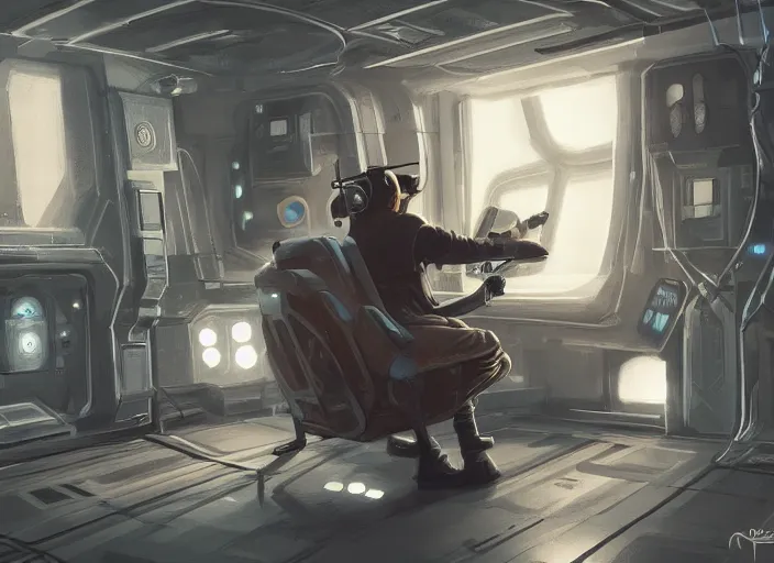 Image similar to a man sitting on a chair with things attached to his head, screens and monitors in front of him playing videos, ship interior, narrow hallway, scifi, dramatic lighting, dark, spotlight, concept art, surreal, by rutkowski