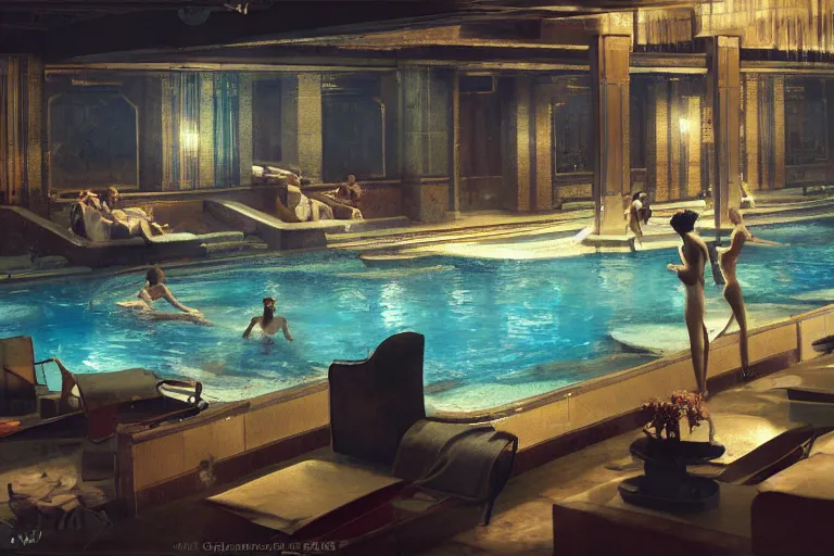 Image similar to 1920's art deco indoor pool scene, by Craig Mullins, in the style of blade runner, octane render, unreal engine render, 8k post-processing highly detailed, soft lighting,