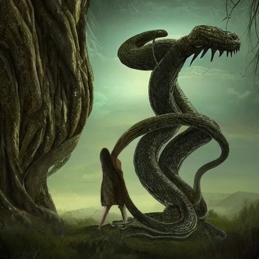 Image similar to A beautiful art installation of a large, looming creature with a long, snake-like body. The creature has many large, sharp teeth, and its eyes glow a eerie green. It is wrapped around a large tree, which is bent and broken under the creature's weight. There is a small figure in the foreground, clutching a sword, which is dwarfed by the size of the creature. Mediterranean, in Japan by James Thomas Watts, by Gerhard Richter somber, sad