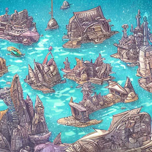 Prompt: underwater city illustration in the style of 花