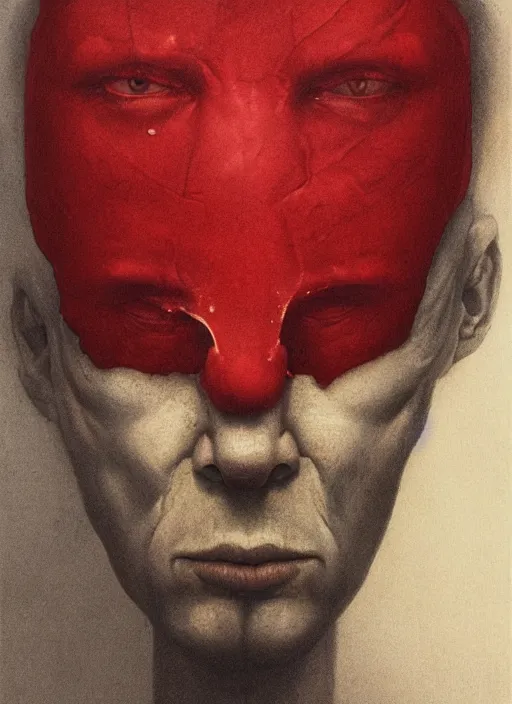 Prompt: lord loss, king of sorrow, book portrait, pale red, lumpy skin, he has very dark - round red sad eyes with even darker red pupils. tiny cracks in skin seep, symmetric lights and fog, in the style of zdzislaw beksinski, glowing light and shadow, hyperrealist, 8 k