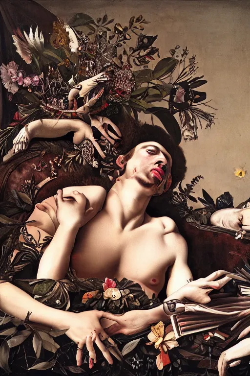 Image similar to Detailed maximalist portrait a man lying on bed with a the boogie man hovering over him. large lips and with large white eyes, exasperated expression, botany bones, HD mixed media, 3D collage, highly detailed and intricate, surreal illustration in the style of Caravaggio, dark art, baroque