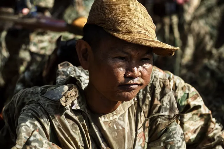 Image similar to close - up photo of smart khmer warlord in a battle scene, detailed eyes, shallow depth of field, photorealistic, cinematic lighting, lovely bokeh, warm colours, dusk