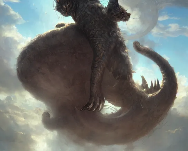 Image similar to giant cat monster, medium shot, disney concept artists, blunt borders, rule of thirds, by jaime jones, tom bagshaw, lawrence alma - tadema, greg rutkowski, fantasy art, intricate, elegant, highly detailed, 8 k, digital painting, concept art, sharp focus, mythological, ultra realistic, cinematic lighting, maximalist, hyperrealist