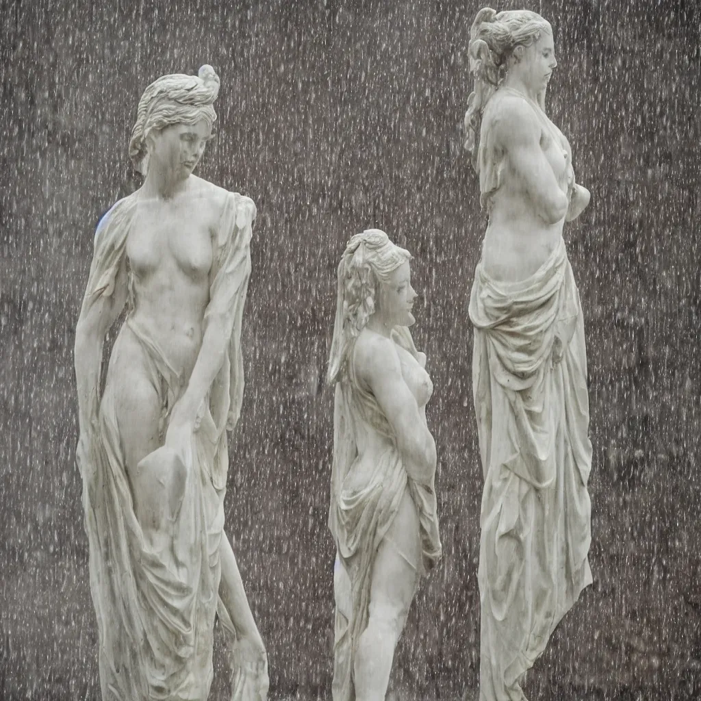 Prompt: marble statue, greek statue, anya taylor joy, queen's gambit series, foggy, rain, raindrops,