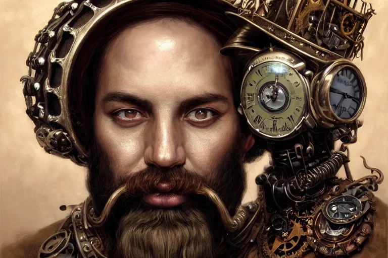 Image similar to portrait of a steampunk bearded king, grim - lighting, high - contrast, intricate, elegant, highly detailed, centered, digital painting, artstation, concept art, smooth, sharp focus, illustration, artgerm, tomasz alen kopera, peter mohrbacher, donato giancola, joseph christian leyendecker, wlop, boris vallejo