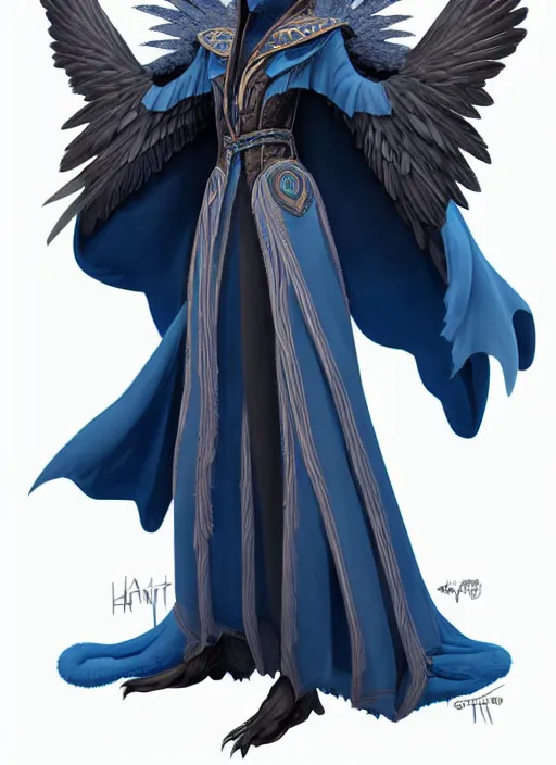 Image similar to hawk and raven headed warlock, wind magic, blue robes, exquisite details, full body character design on a white background, by studio muti