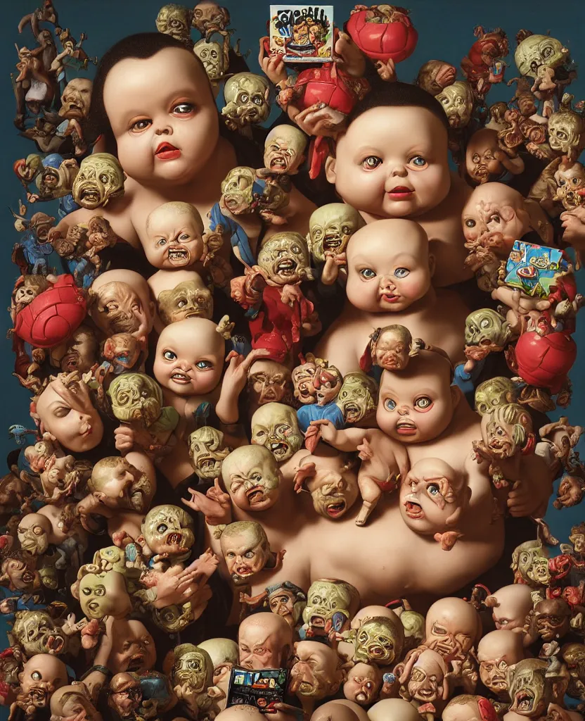 Prompt: a painting of a garbage pail kids ceramic toys catalog, a flemish baroque by dino valls, trending on zbrush central, classical realism, flemish baroque, hyper realism, chiaroscuro