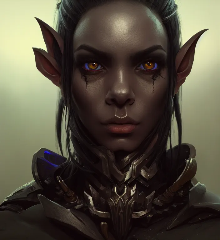 Image similar to a portrait of a dark elf, hyper detailed, digital art, trending in artstation, cinematic lighting, studio quality, smooth render, artgerm, joshua middleton, rafael albuquerque, unreal engine 5 rendered, octane rendered, art style by klimt and nixeu and ian sprigger and wlop and krenz cushart