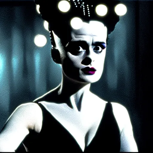 Image similar to cinematic portrait of surprised helena bonham carter as bride of frankenstein as a replicant in a busy nightclub,, still from the movie bladerunner, fashion photography, a sign is in the background, 8 k, high detail, face in focus