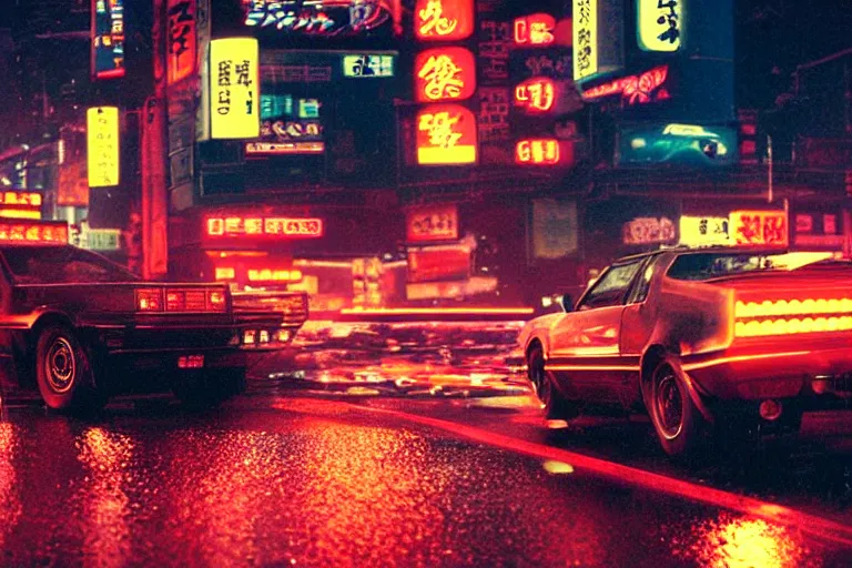 Prompt: a single knight rider, speeding down tokyo highway in the rain, night time, neon lights, thunderstorm, movie still from the film bladerunner