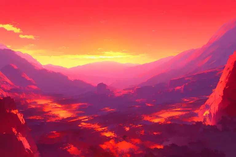 Prompt: red lush mountainscape, with two suns in the sky, orange sky, two sunsets, by makoto shinkai an krenz cushart