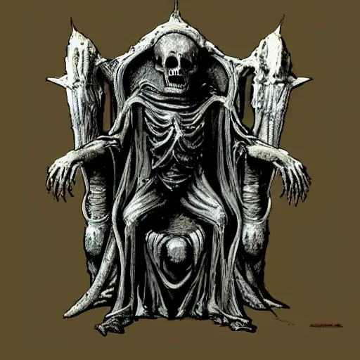 Image similar to “ undead lich on a throne made of bone, hyperdetailed, doom, menacing, supernatural ”