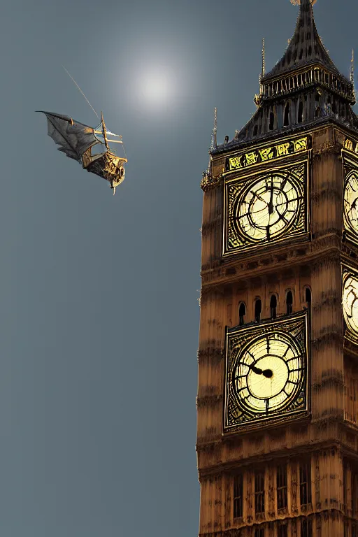 Image similar to highly detailed photography of a ghostly pirate ship flying above big ben. london. intricate, hyper realism, professional digital art, unreal engine 5, 8 k render, sharp focus, trending on art station.