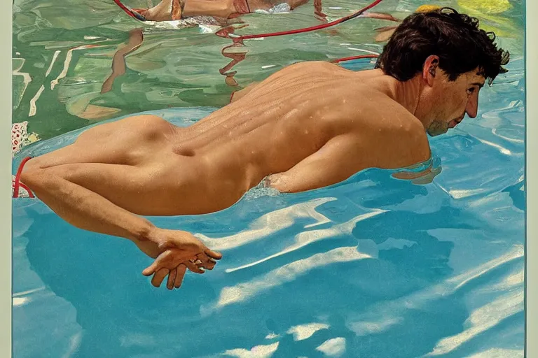 Prompt: justin trudeau in a swimming pool in a house in california, magazine centerfold, by david hockney, peter doig, lucien freud, francis bacon, bouguereau, norman rockwell, pop realism