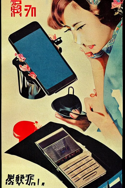 Image similar to cell phone advertisment, still life, 1 9 7 0 s japan shouwa advertisement, print, nostalgic