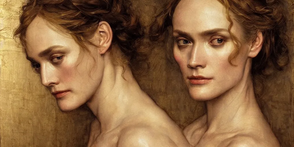 Prompt: recondite gilded age of clemency, beautiful Helen of Troy/Diane Kruger, by Edgar Maxence and Caravaggio and Michael Whelan and Caravaggio artistic, watercolor, intricate drawing, light brazen, realistic fantasy, extremely detailed and beautiful aesthetic face, establishing shot, 8k resolution, dramatic lighting