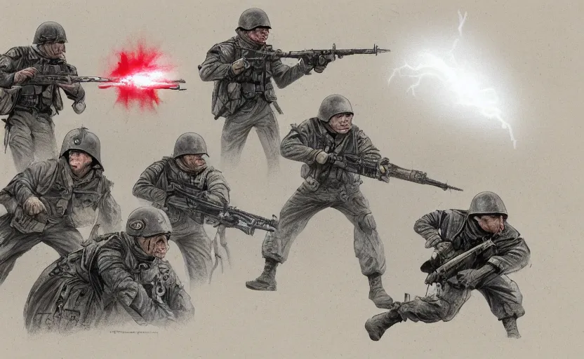 Image similar to highly detailed, high resolution, character design art, colored sketch, stunning, volumetric lightning, from save private ryan movie, matte, sharp focus, 150mm, illustration, trending on twitter, by pathetic medic, cartoon human anatomy, simple design, ww2 era military gear, soldiers