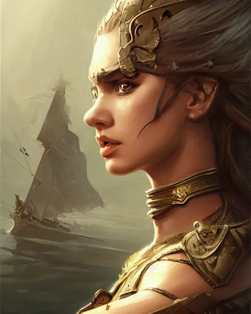 Image similar to A beautiful female warrior posing on a boat, perfect face, highly detailed face, close-up, fantasy woman, fantasy art, in the style of greg rutkowski, illustration, epic, fantasy, intricate, hyper detailed, artstation, concept art, smooth, sharp focus, ray tracing, profile shot