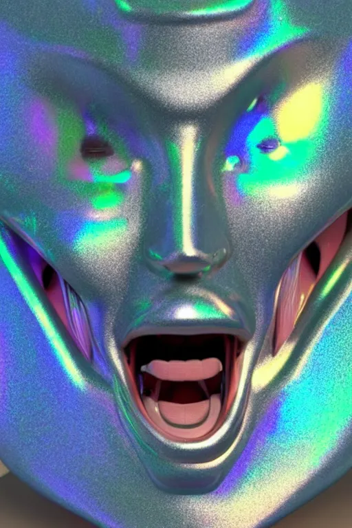 Image similar to 3d render of holographic angry human robotic screaming angry bust made of glossy iridescent, screaming, bust, surrealistic 3d illustration of a human non-binary, non binary model, 3d model human, cryengine, made of holographic texture, holographic material, holographic rainbow, concept of cyborg and artificial intelligence