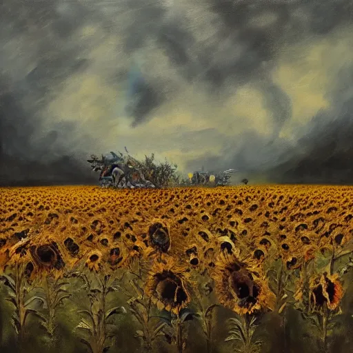 Image similar to a stunning and moody painting of many dead uniformed russian soldiers lying in blood in a field of sunflowers as painted by otto dix, artstation, concept art, impressionism, hyperdetailed