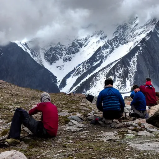 Prompt: mountain climbers witnessing an avalanche on a mountain top while having some tea near their tent