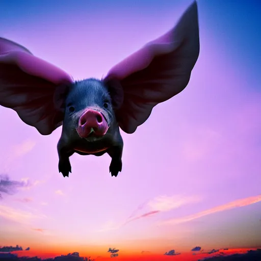 Prompt: national geographic photograph of a flying pig with big pink wings, soaring through the sky, flying above other pigs. daylight, outdoors, wide angle shot