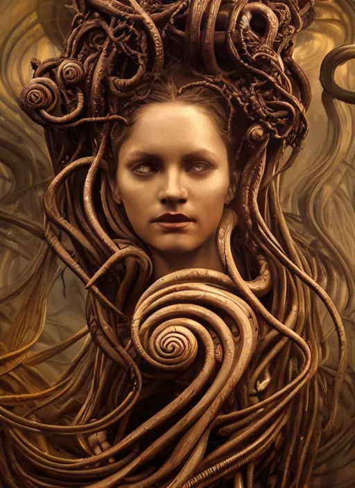 Prompt: medusa, wooden art nouveau swirls, strong subsurface scattering, cables, tubes, subsurface scattering, in the style of ruan jia and tomasz alen kopera and giger, subsurface scattering, mystical colors, rim light, dramatic lighting, 8 k, stunning scene, raytracing, octane render, trending on artstation