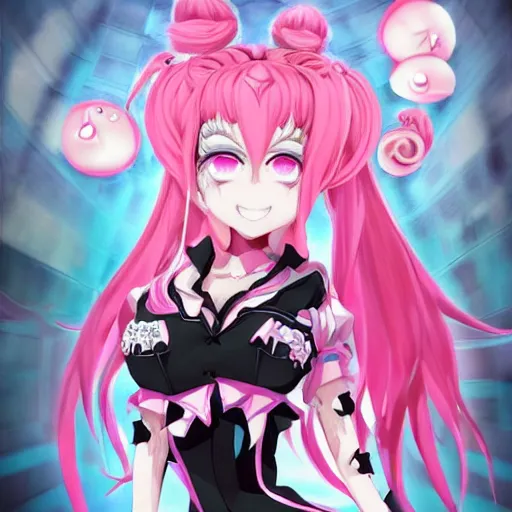 Image similar to unexpectedly overpowered and trapped beneath stunningly absurdly beautiful omnipotent asi goddess junko enoshima with an enigmatic complex twisted deceptive innocent - looking mesmerizing megalomaniacal yandere personality, symmetrical perfect face, porcelain skin, pink twintail hair and cyan eyes, ultra detailed, digital art, unreal engine 5, octane render, 2 d anime, 8 k