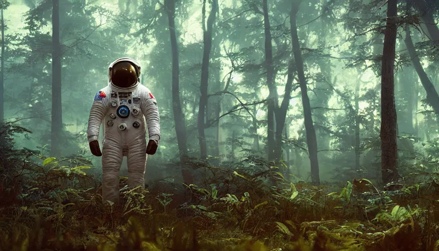 Image similar to american astronaut in the forest, plants environment, wide angle, cinematic lighting, atmospheric, realistic, octane render, highly detailed, color graded, in the style of craig mullins